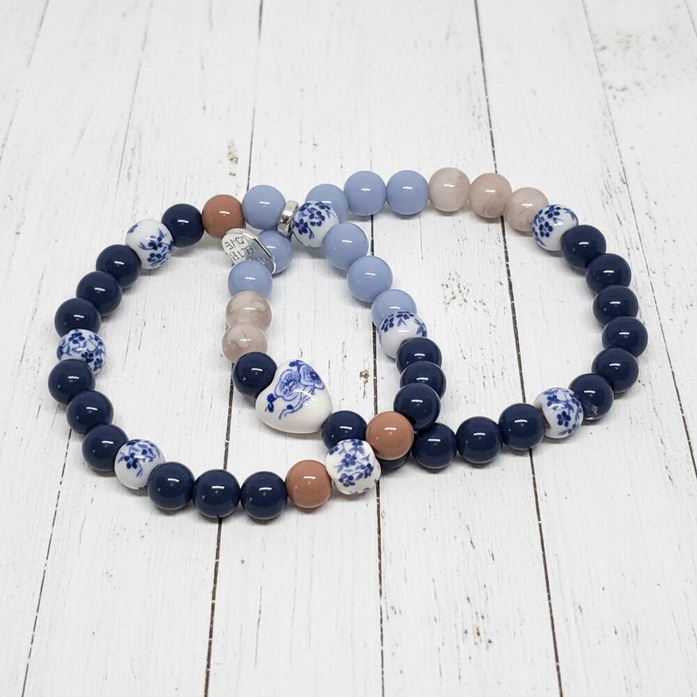 Blue White Porcelain Beaded Bracelet Set Floral Chinoiserie Handmade Jewelry